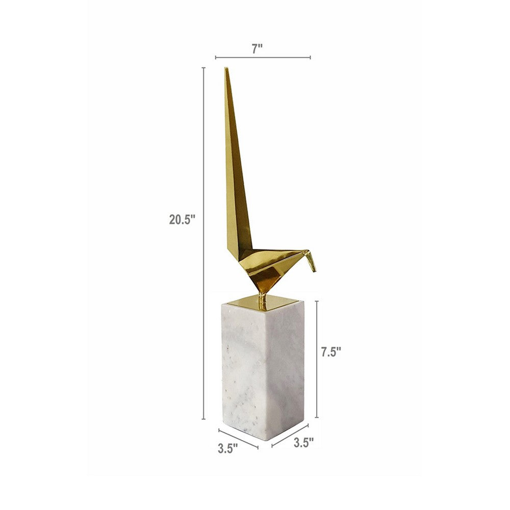 Komi Origami Bird Sculpture | White Marble Base | 21" Gold Steel