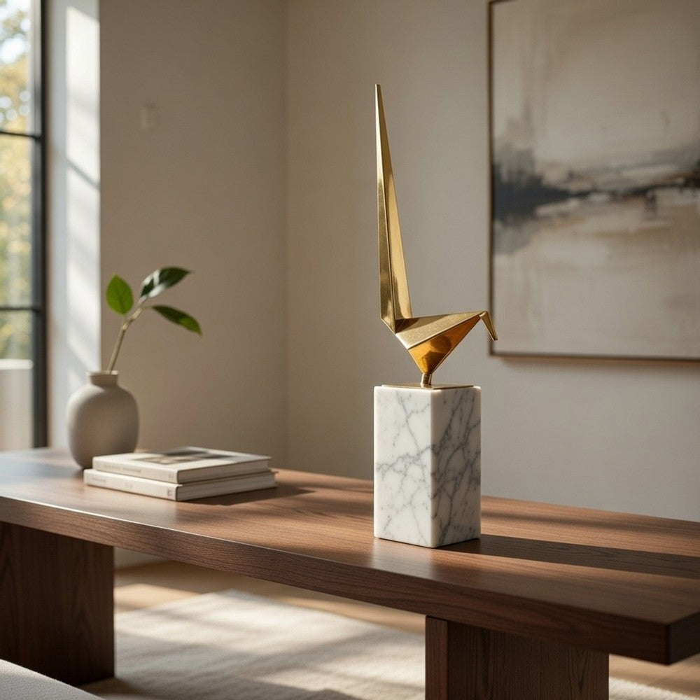 Komi Origami Bird Sculpture | White Marble Base | 21" Gold Steel