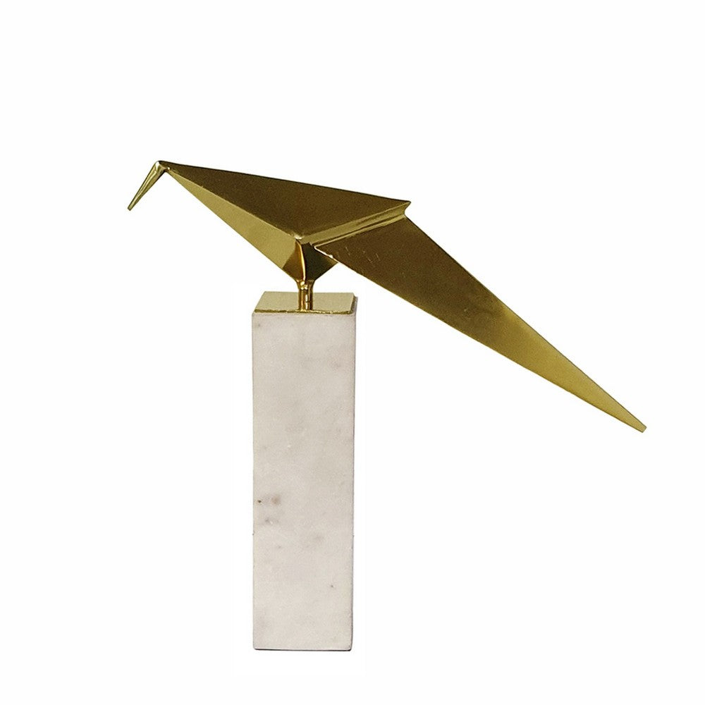 Komi Origami Bird Sculpture | White Marble Base | 13" Gold Steel