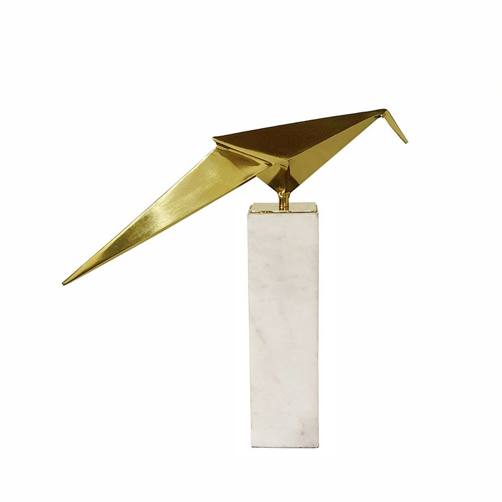 Komi Origami Bird Sculpture | White Marble Base | 13" Gold Steel