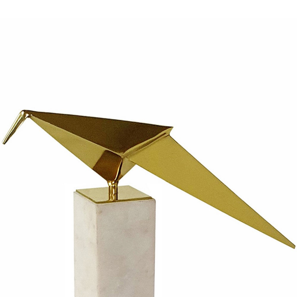 Komi Origami Bird Sculpture | White Marble Base | 13" Gold Steel