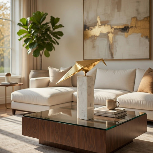 Komi Origami Bird Sculpture | White Marble Base | 13" Gold Steel