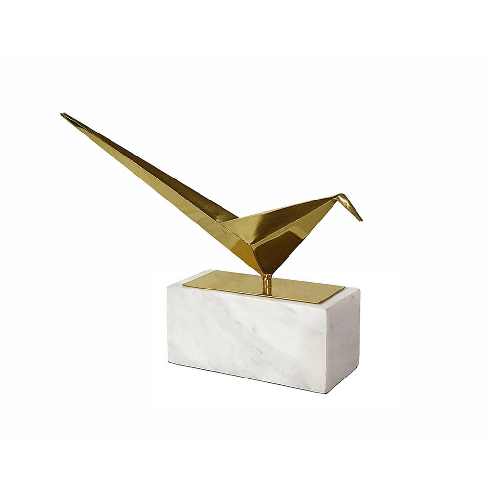 Komi Origami Bird Sculpture | White Marble Base | 15" Gold Steel