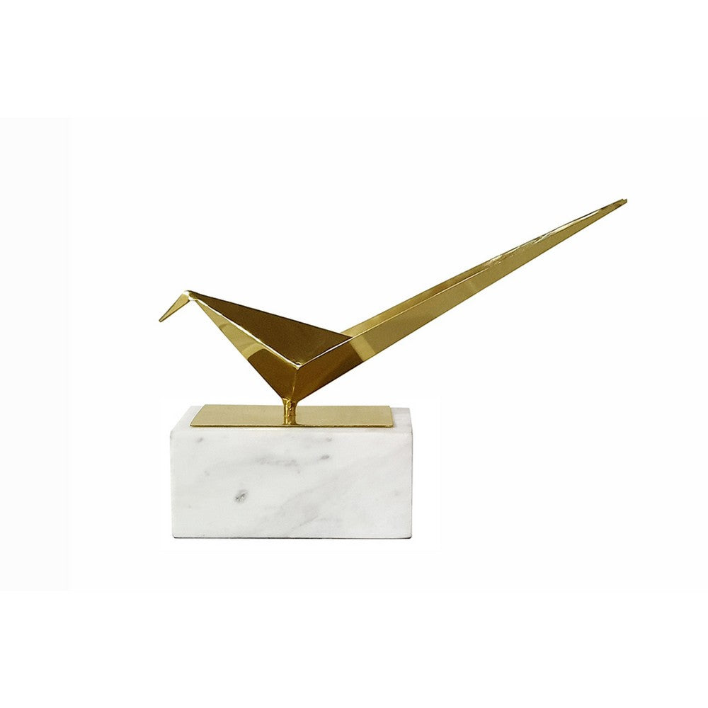 Komi Origami Bird Sculpture | White Marble Base | 15" Gold Steel