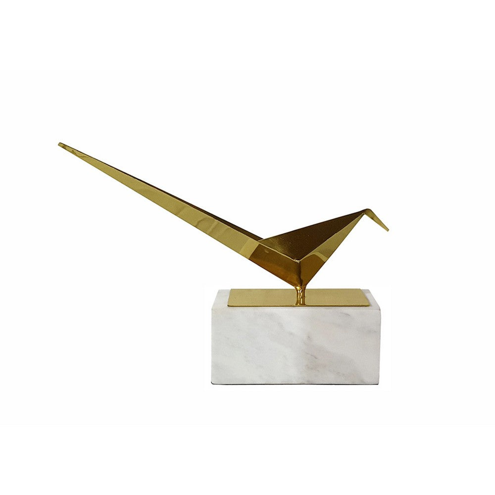 Komi Origami Bird Sculpture | White Marble Base | 15" Gold Steel