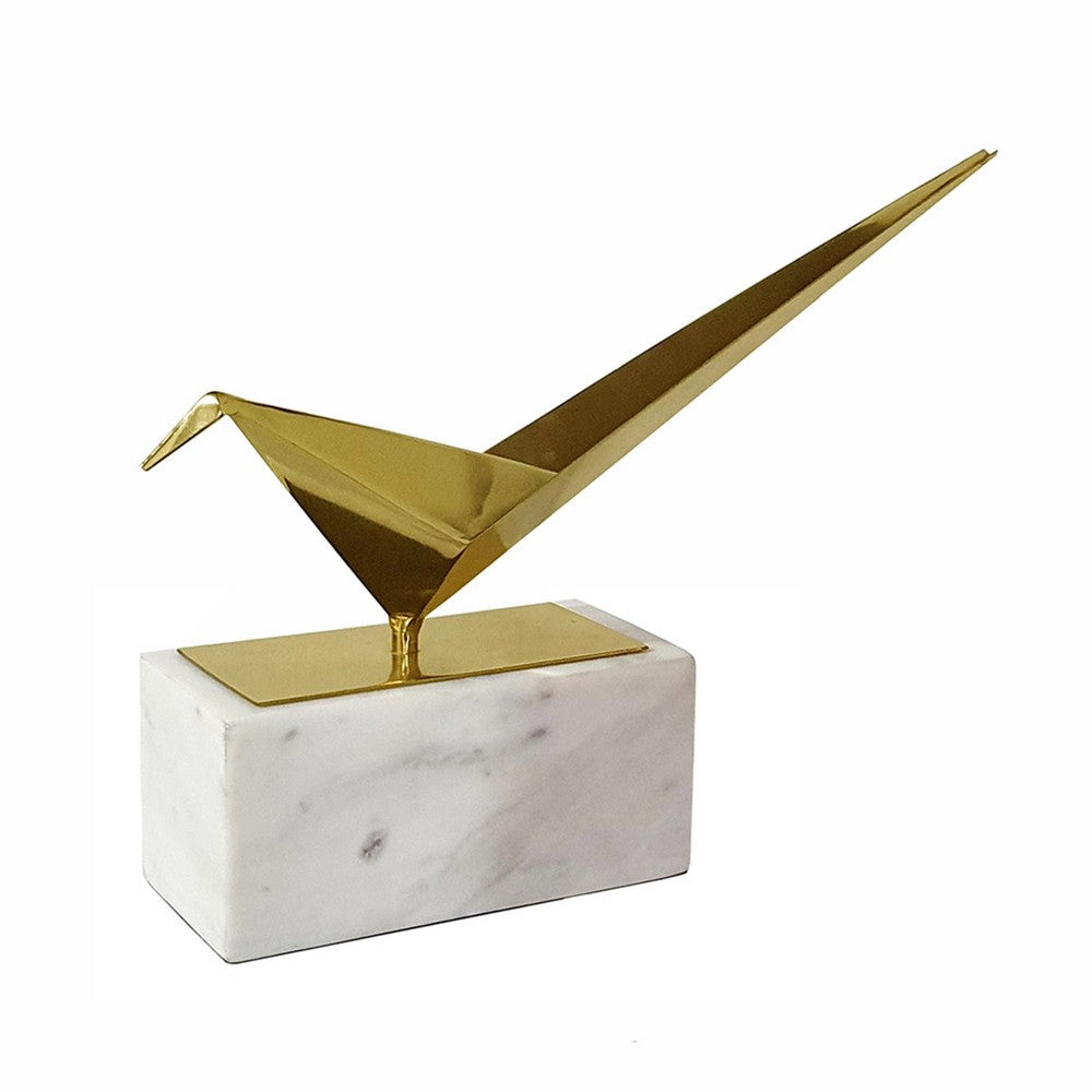 Komi Origami Bird Sculpture | White Marble Base | 15" Gold Steel