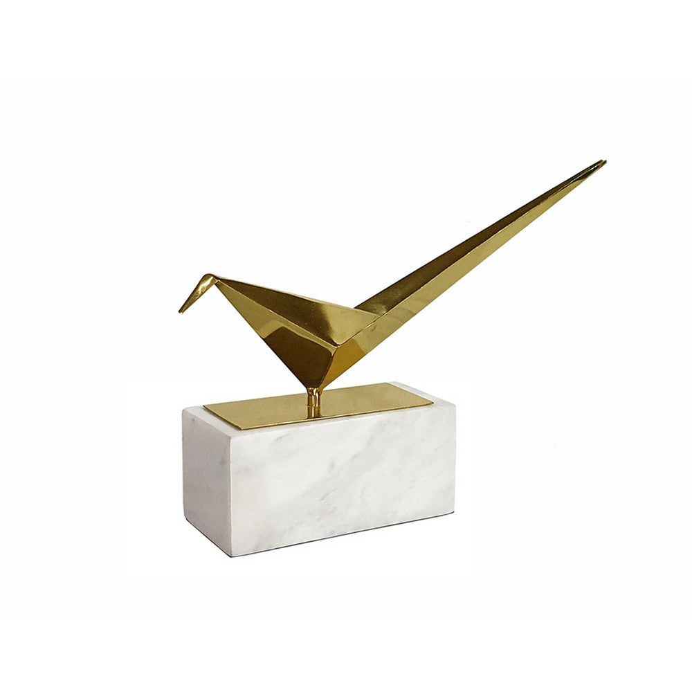 Komi Origami Bird Sculpture | White Marble Base | 15" Gold Steel