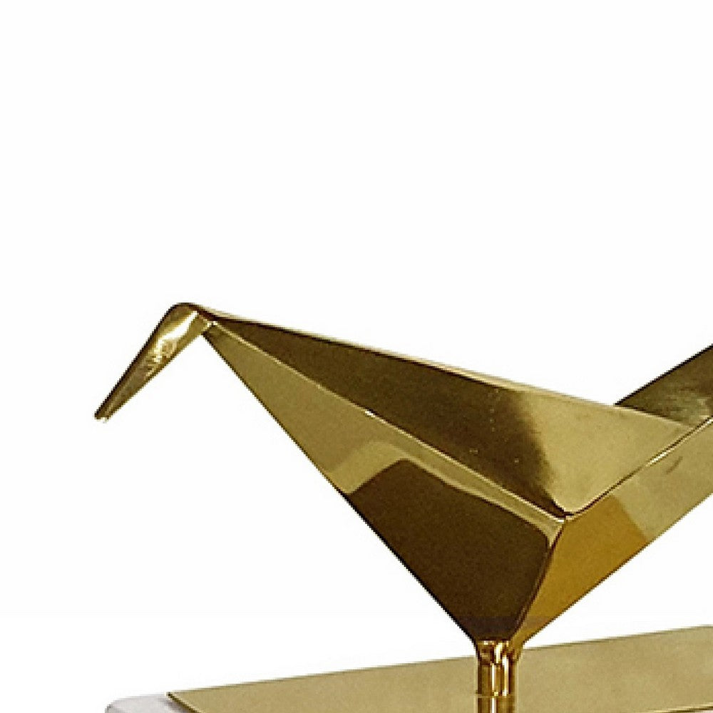 Komi Origami Bird Sculpture | White Marble Base | 15" Gold Steel