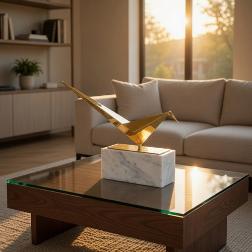 Komi Origami Bird Sculpture | White Marble Base | 15" Gold Steel