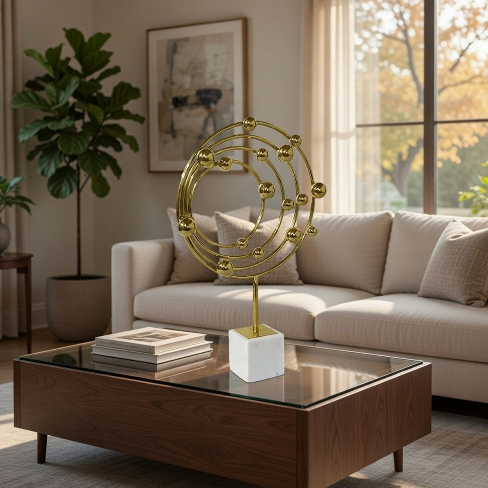 Lymi Celestial Galaxy Orbit Sculpture | White Marble Base | 21" Gold Steel