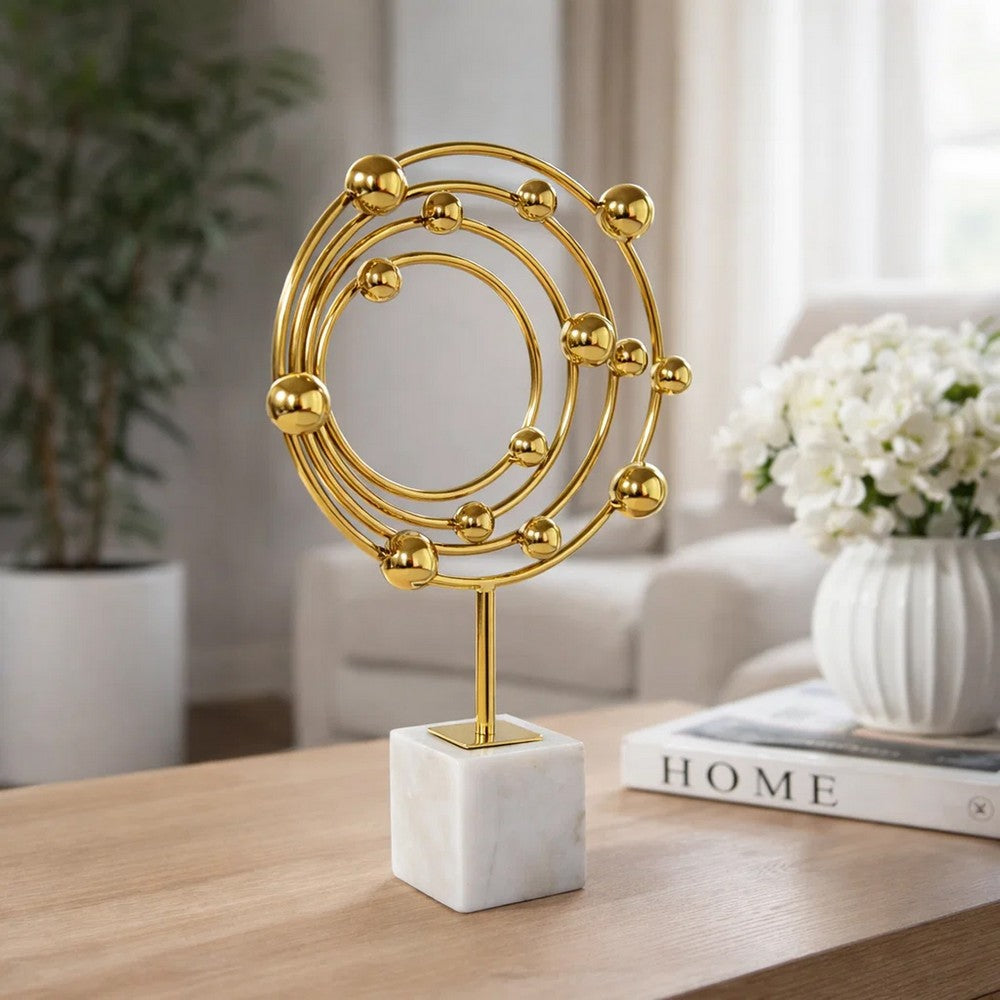 Lymi Celestial Galaxy Orbit Sculpture | White Marble Base | 18" Gold Steel