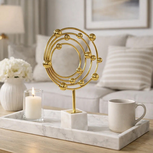 Lymi Celestial Galaxy Orbit Sculpture | White Marble Base | 18" Gold Steel