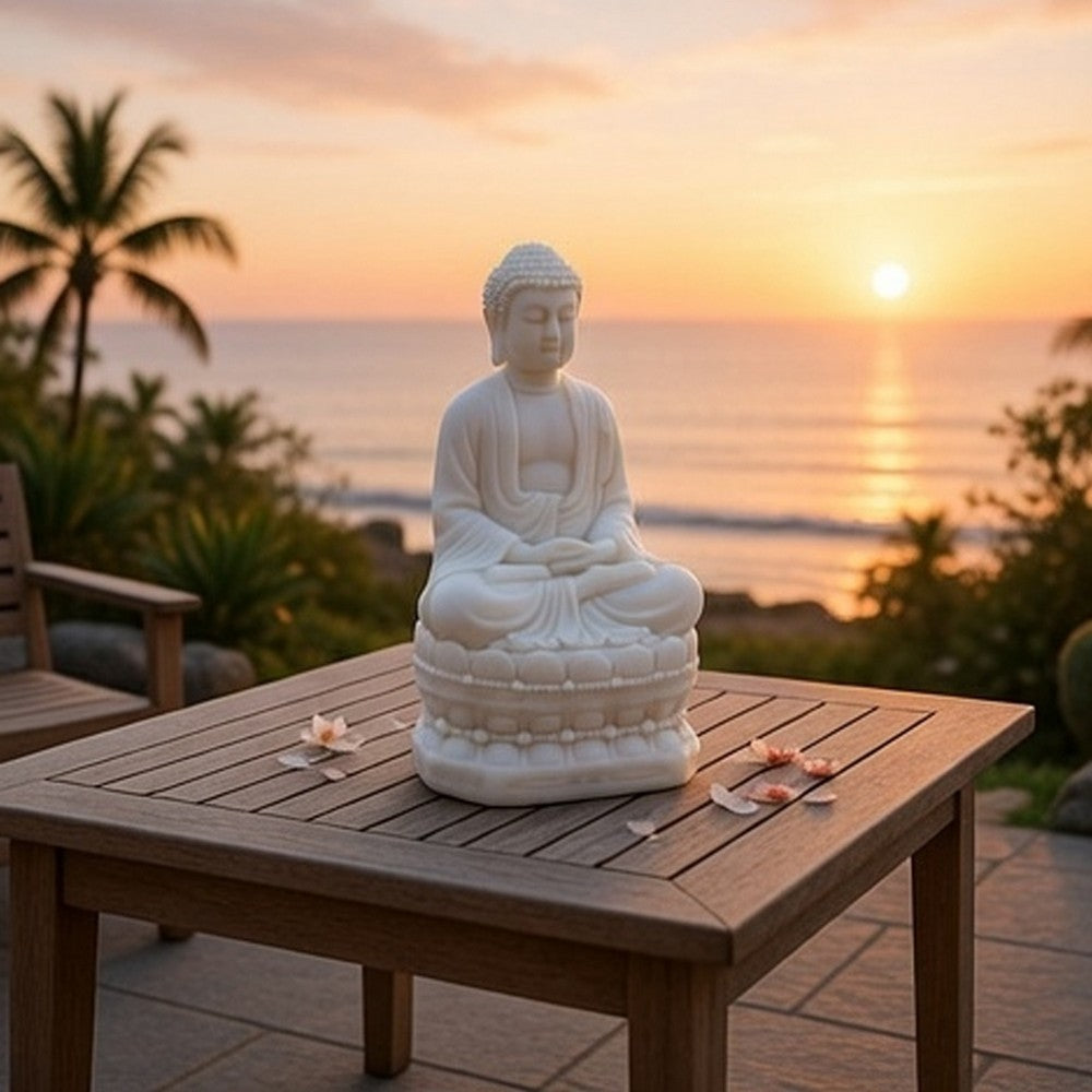Meditating Buddha Statuette | Spiritual Accent Decor | 12" White Resin