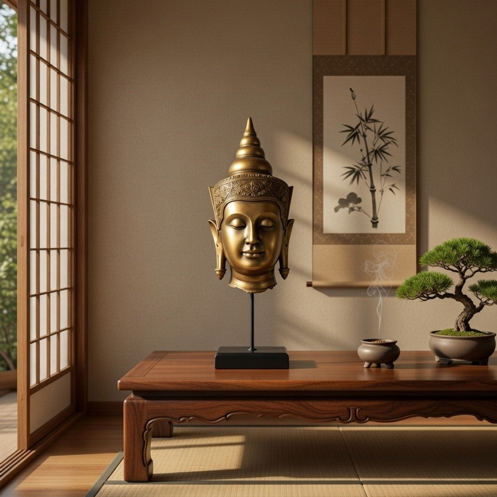 Pilu Buddha Head Statuette on Stand | Spiritual Decor | 20" Bronze