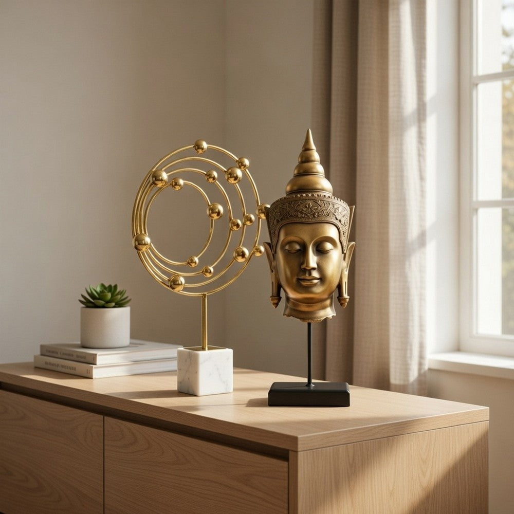 Pilu Buddha Head Statuette on Stand | Spiritual Decor | 20" Bronze