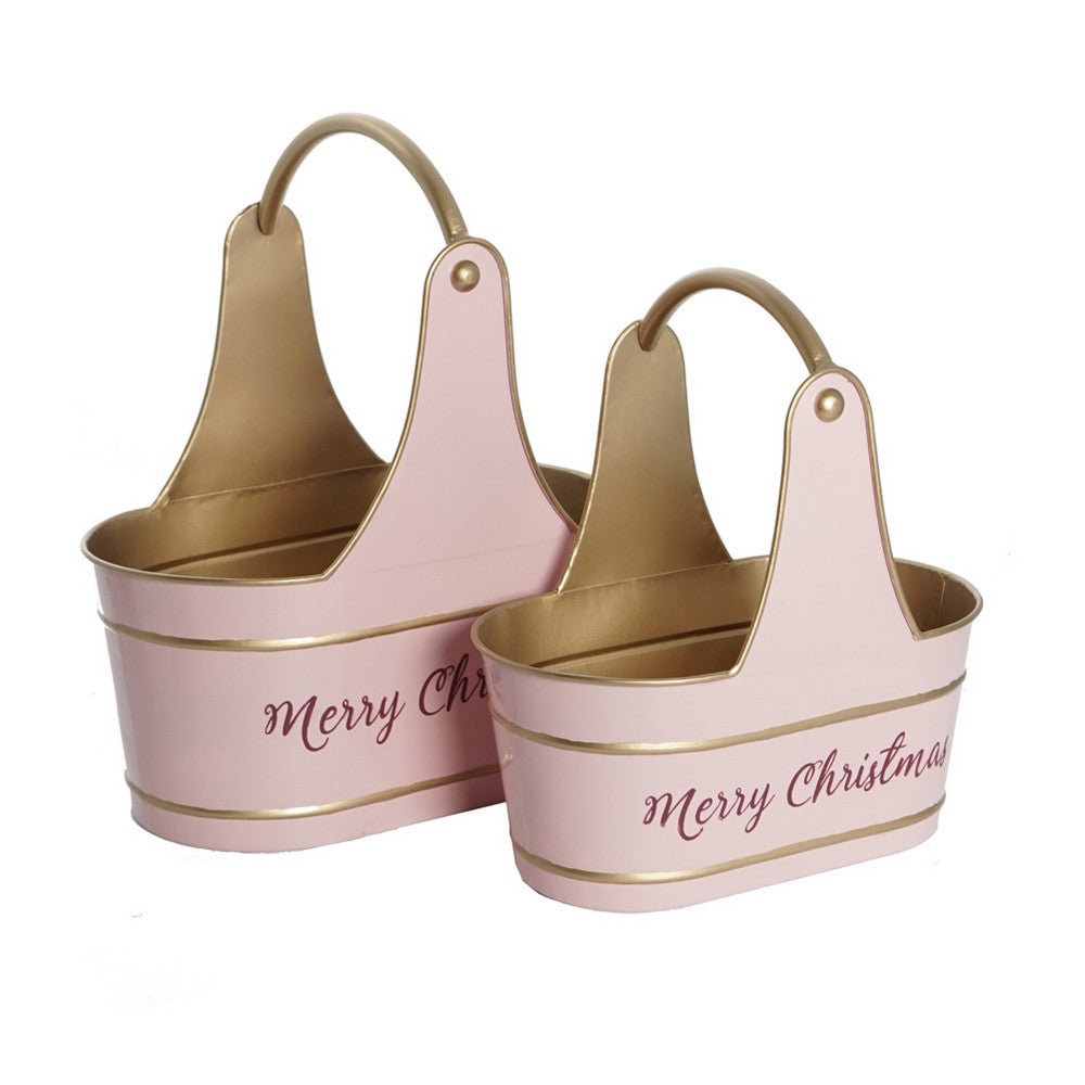 Limu Storage Basket Set of 2 | Gold Handles | Light Pink Merry Christmas