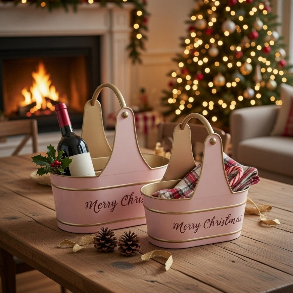 Limu Storage Basket Set of 2 | Gold Handles | Light Pink Merry Christmas