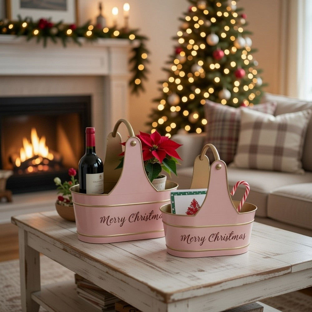 Limu Storage Basket Set of 2 | Gold Handles | Light Pink Merry Christmas