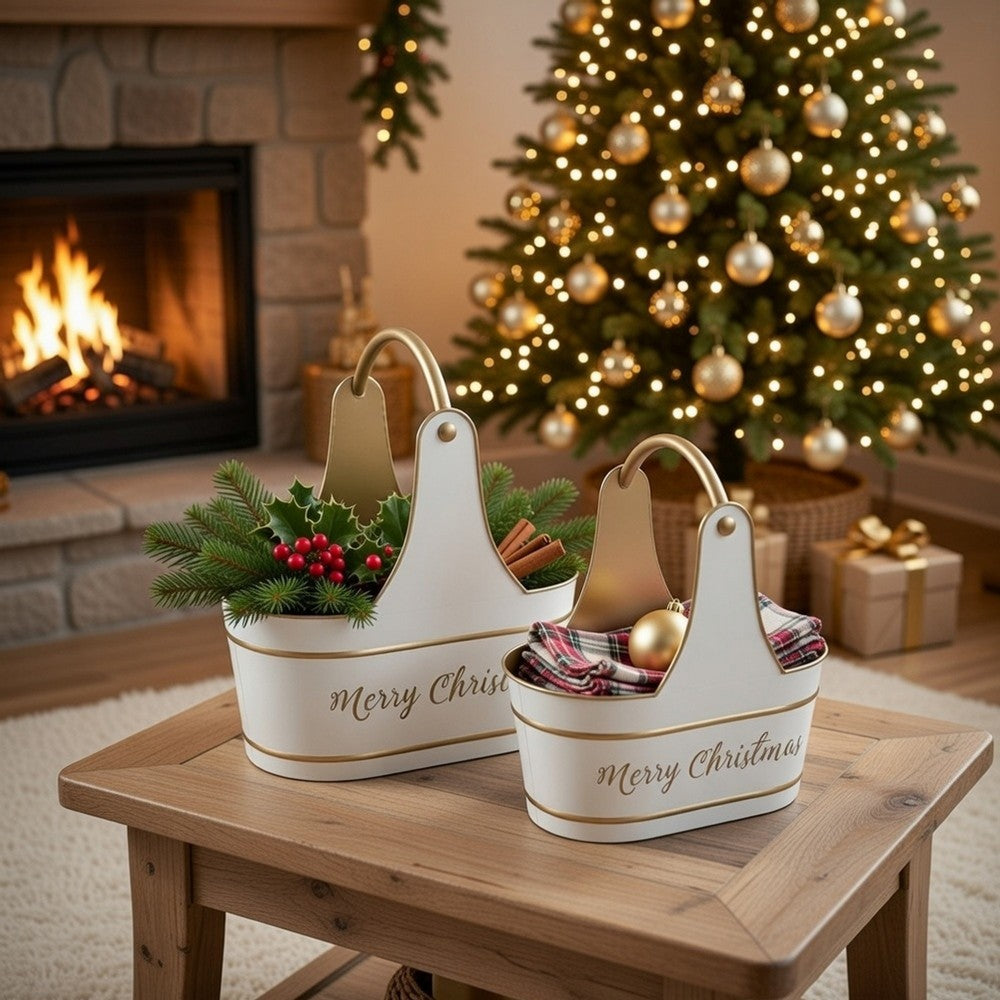Limu Storage Basket Set of 2 | Gold Handles | White Merry Christmas
