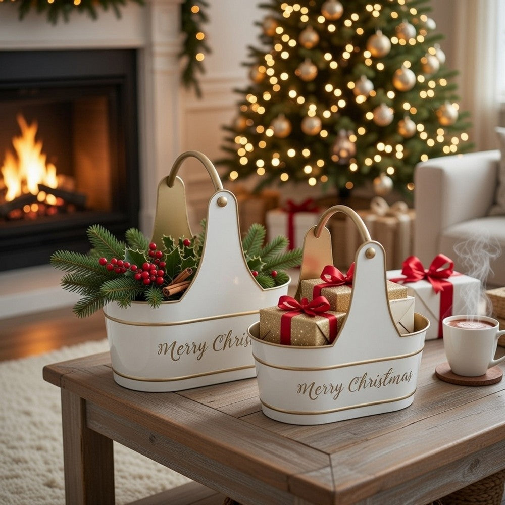 Limu Storage Basket Set of 2 | Gold Handles | White Merry Christmas