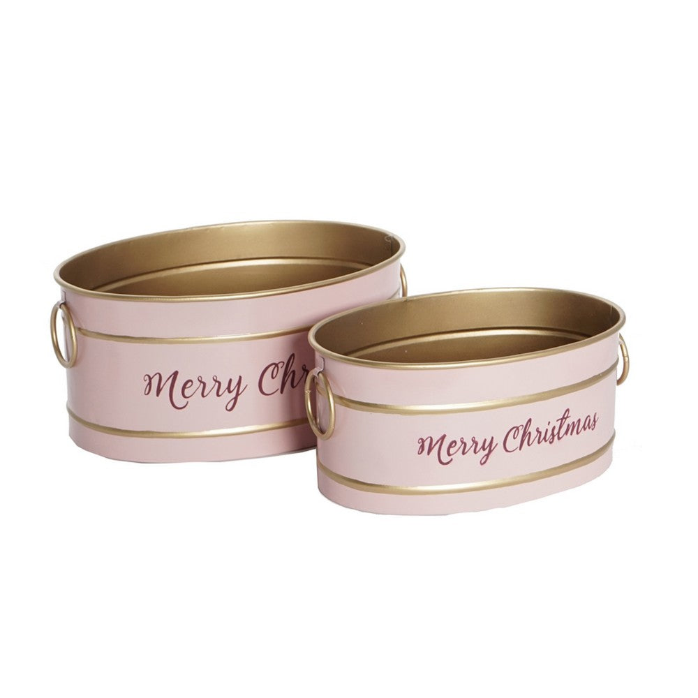 Limu Baskets Set of 2 | Gold Trim | Oval Pink Iron Merry Christmas