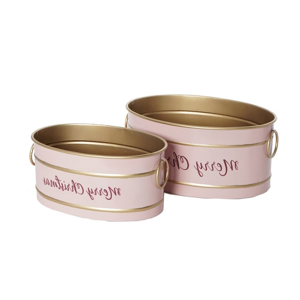 Limu Baskets Set of 2 | Gold Trim | Oval Pink Iron Merry Christmas