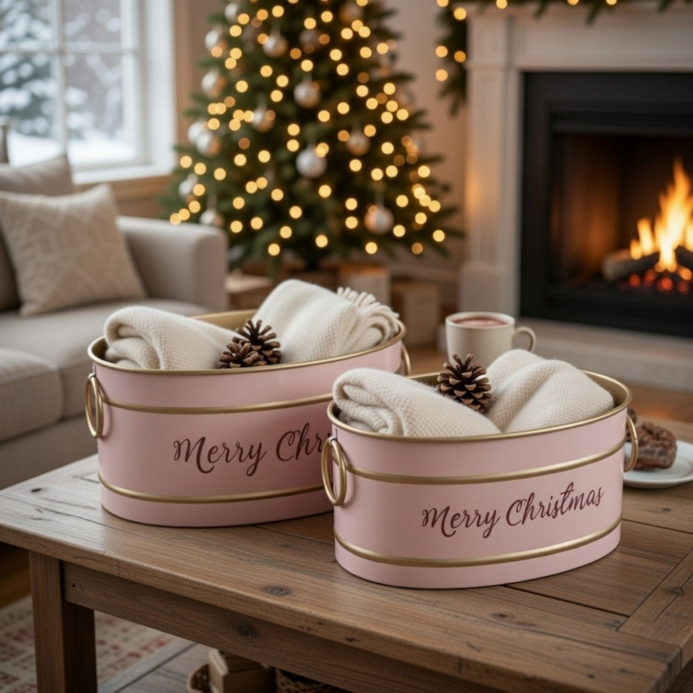 Limu Baskets Set of 2 | Gold Trim | Oval Pink Iron Merry Christmas