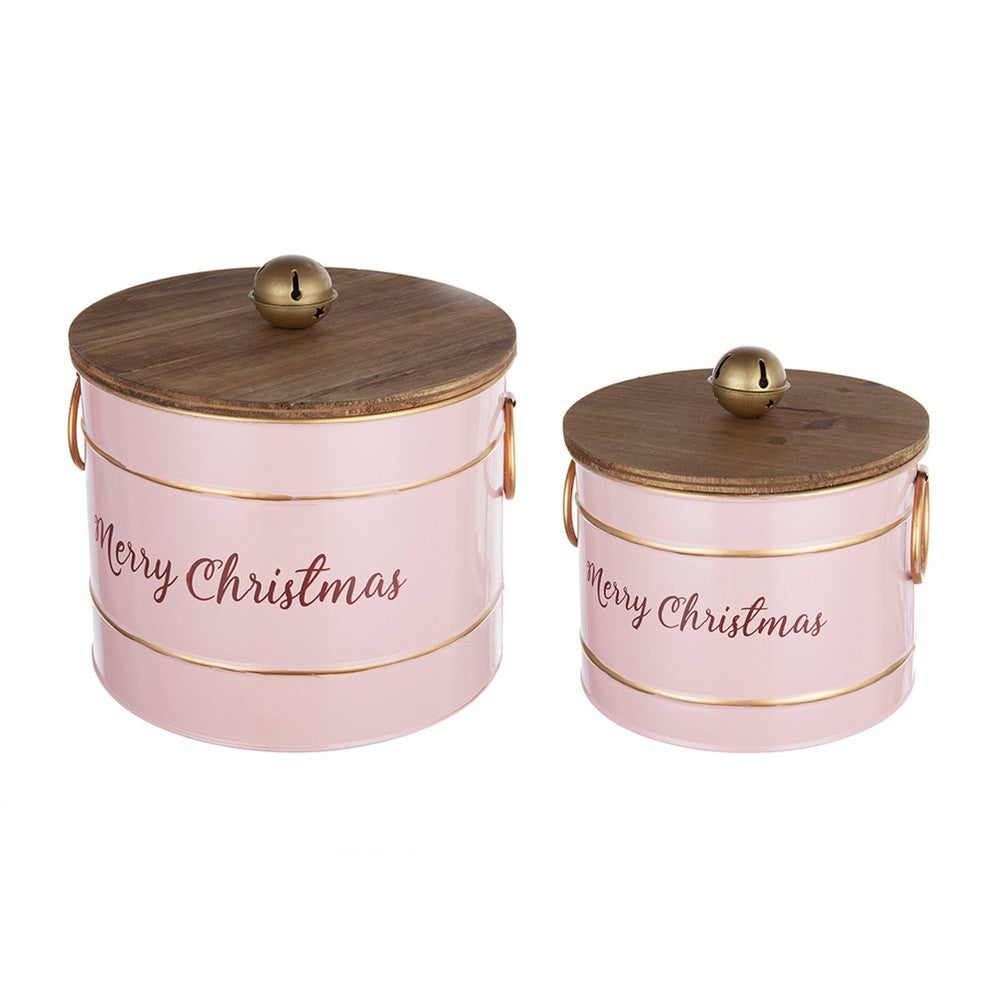 Limu Storage Box Set of 2 | Gold Trim | Round Pink Iron Merry Christmas