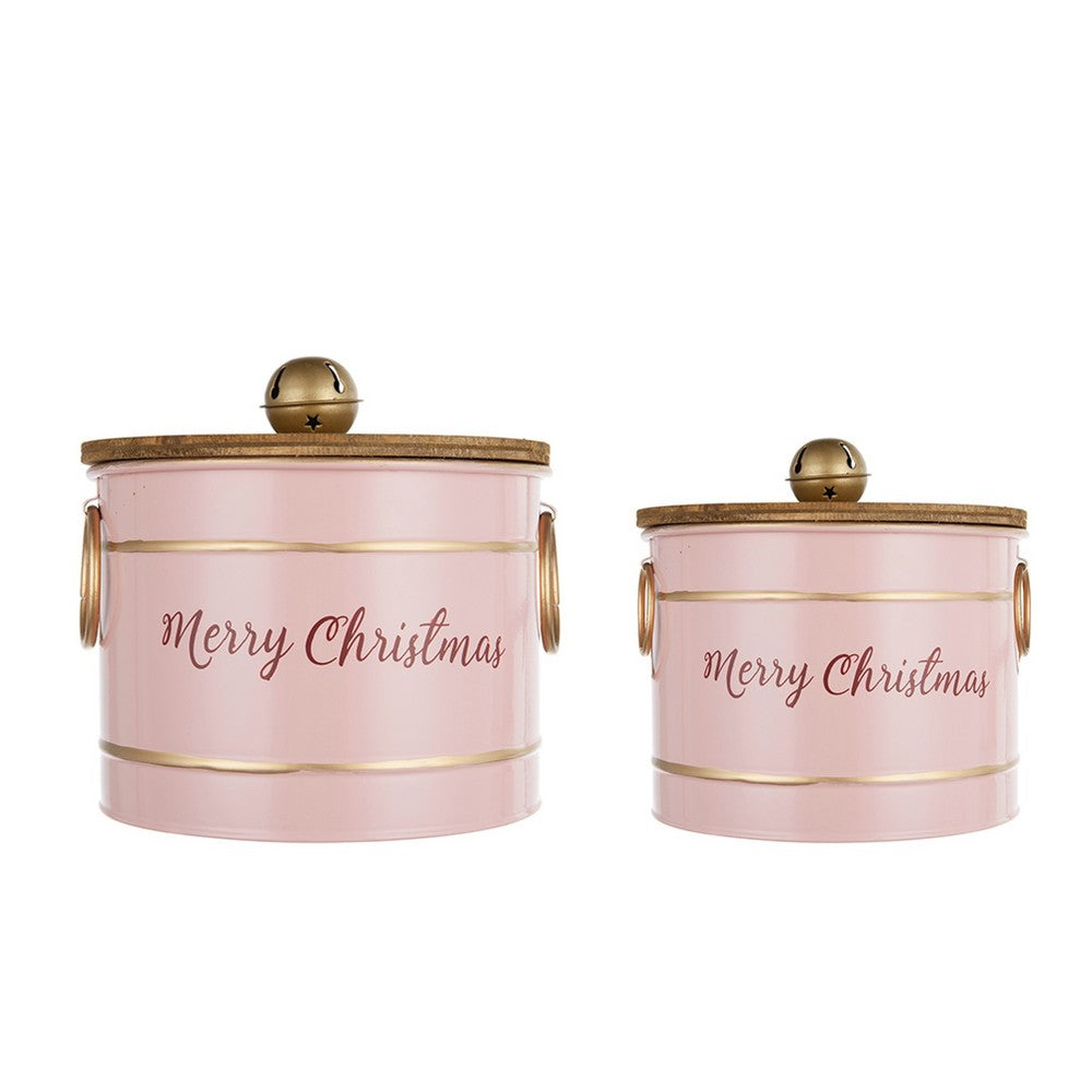 Limu Storage Box Set of 2 | Gold Trim | Round Pink Iron Merry Christmas