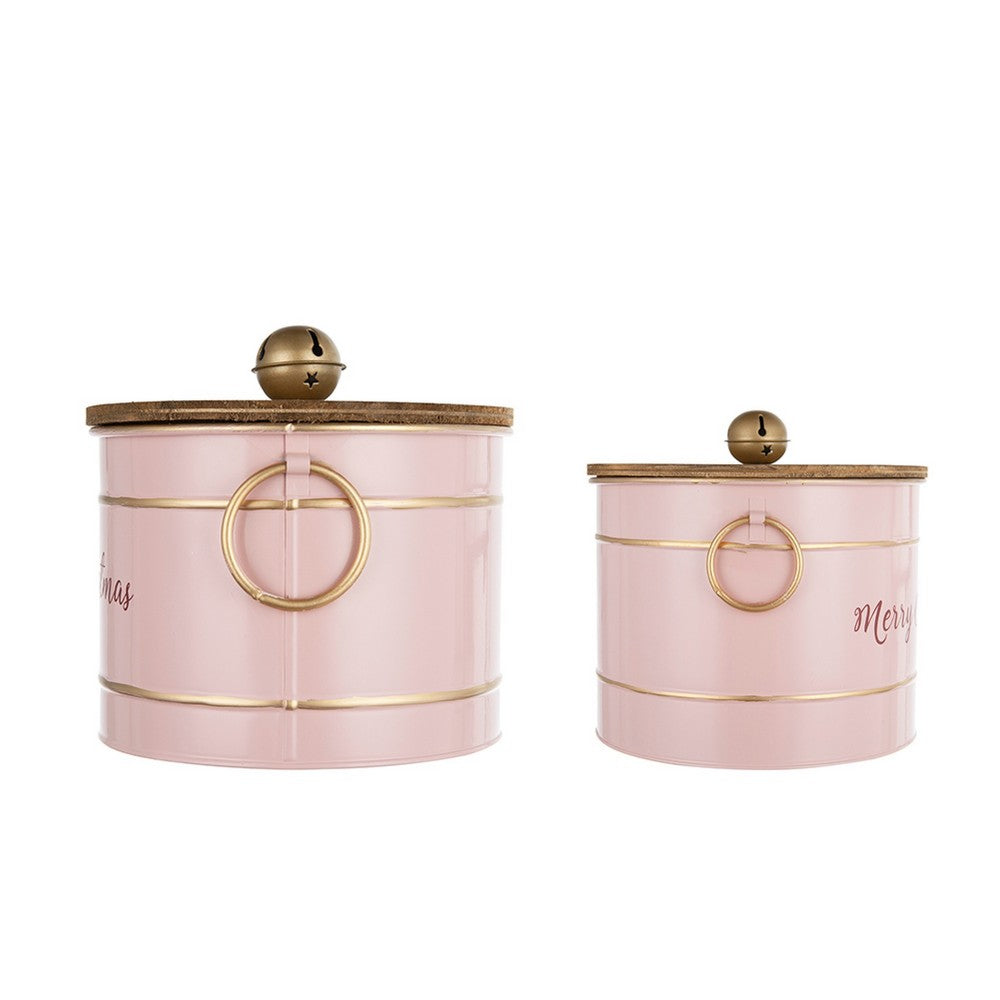 Limu Storage Box Set of 2 | Gold Trim | Round Pink Iron Merry Christmas