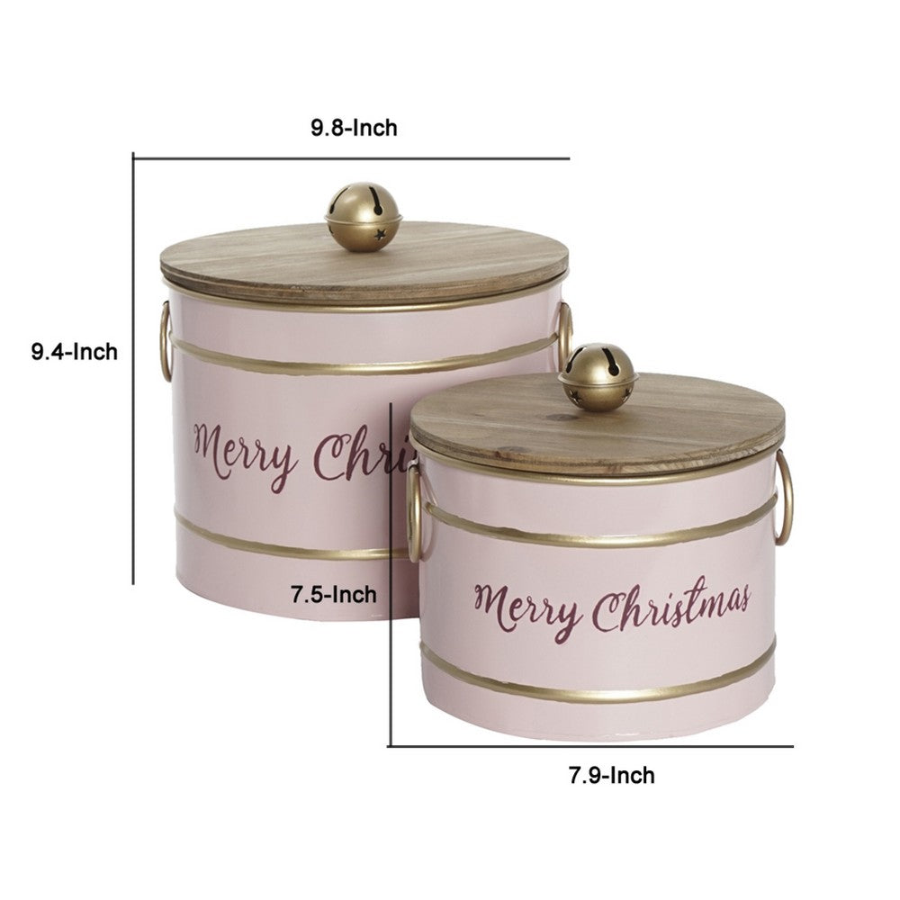 Limu Storage Box Set of 2 | Gold Trim | Round Pink Iron Merry Christmas