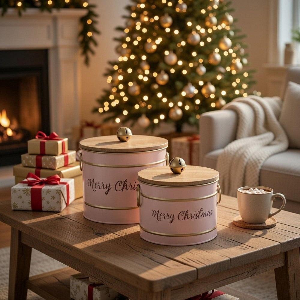 Limu Storage Box Set of 2 | Gold Trim | Round Pink Iron Merry Christmas