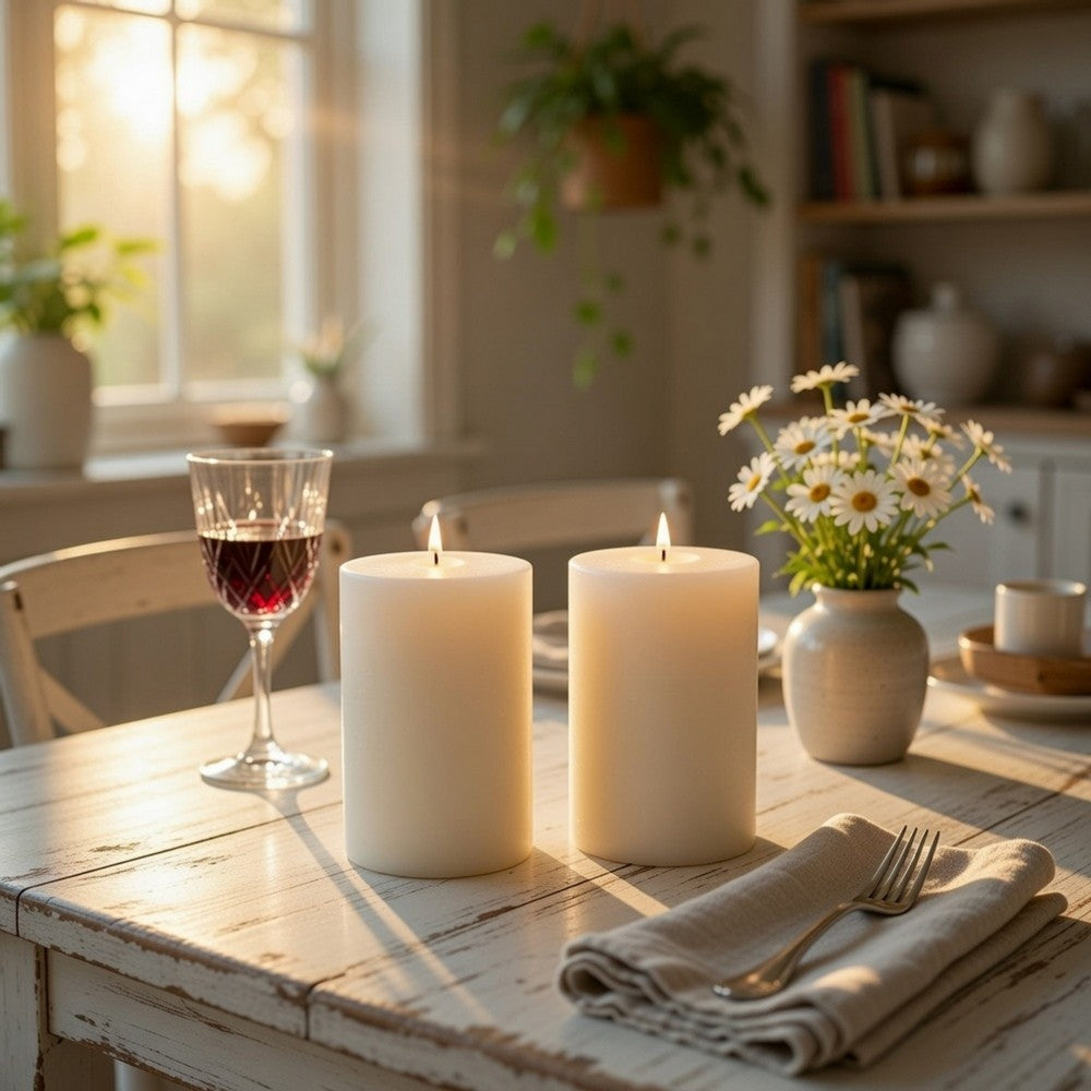 Jomi Unscented Soy Wax Pillar Candles Set of 2 | Classic Ivory Finish