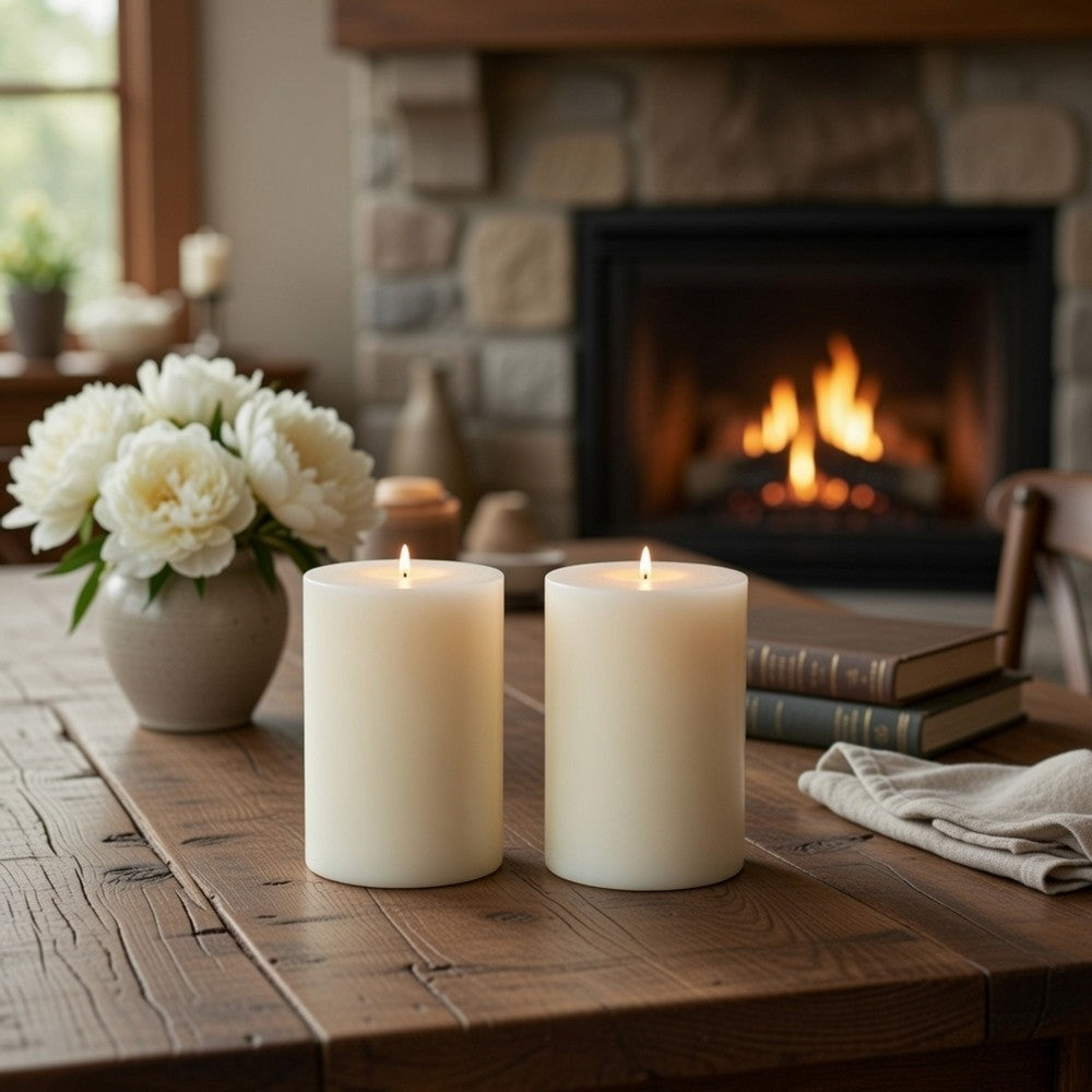Jomi Unscented Soy Wax Pillar Candles Set of 2 | Classic Ivory Finish