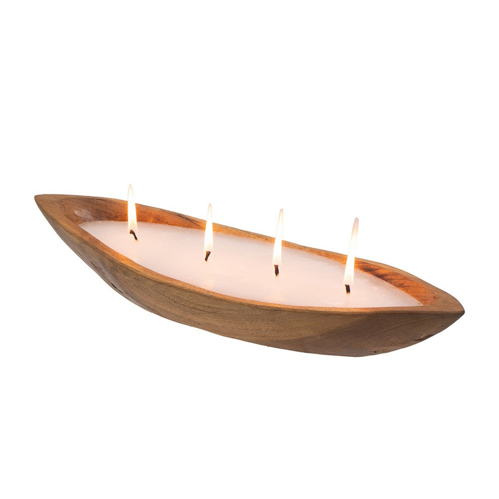 Minc Soy Wax Candle with 4 Wick | 16" Boat Shaped Brown Teak Wood