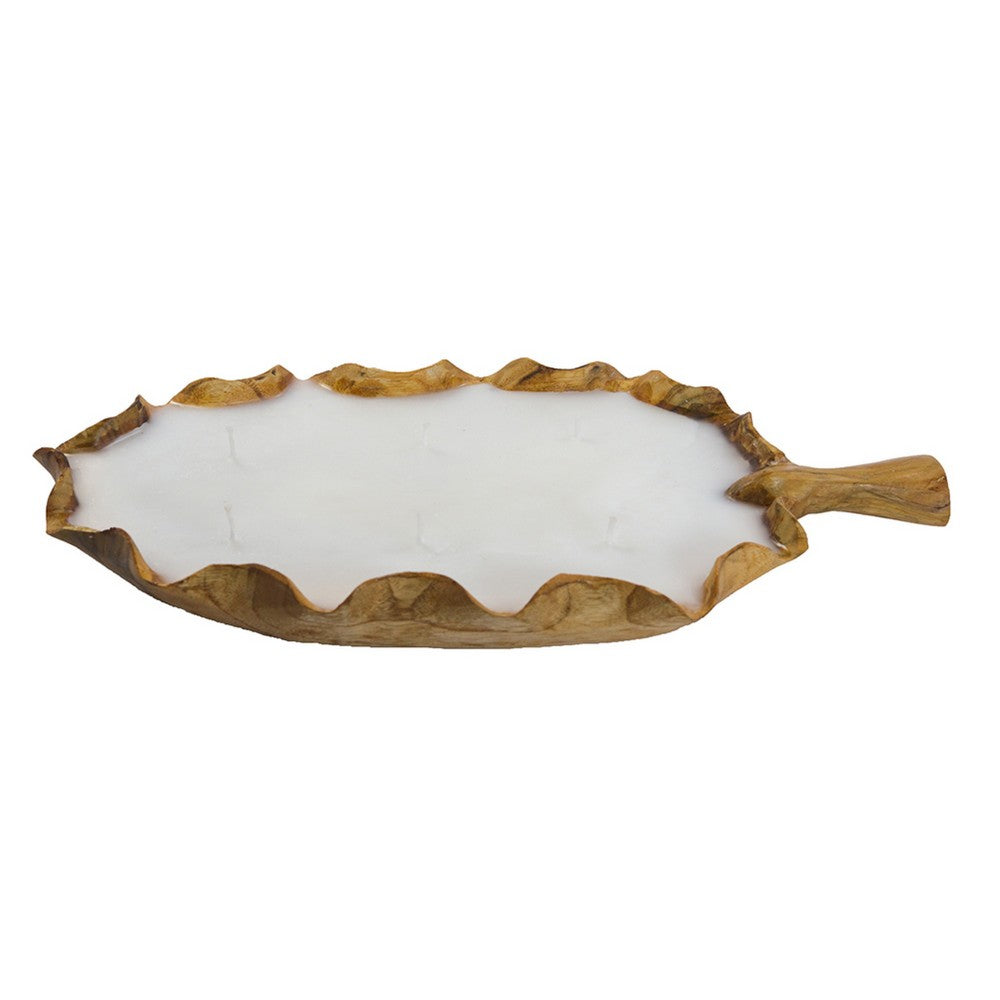 Minc Soy Wax Candle with 6 Wick | 16" Leaf Shaped Brown Teak Wood