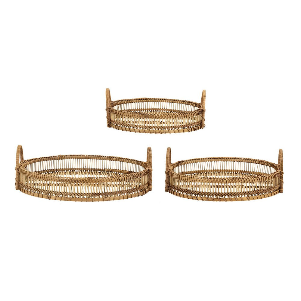 3pc Storage Baskets with Handles | Natural Brown Bamboo Woven Decor
