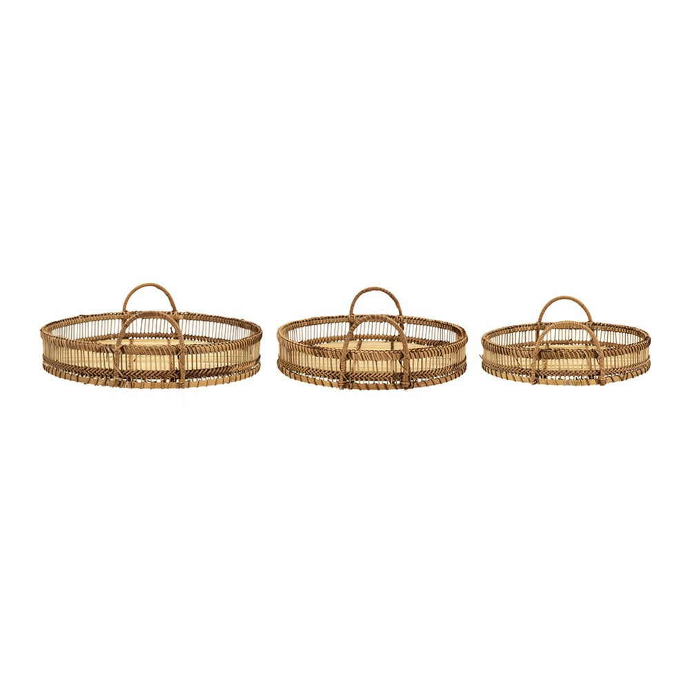 3pc Storage Baskets with Handles | Natural Brown Bamboo Woven Decor