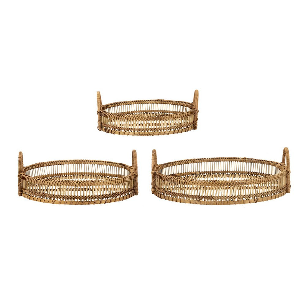 3pc Storage Baskets with Handles | Natural Brown Bamboo Woven Decor