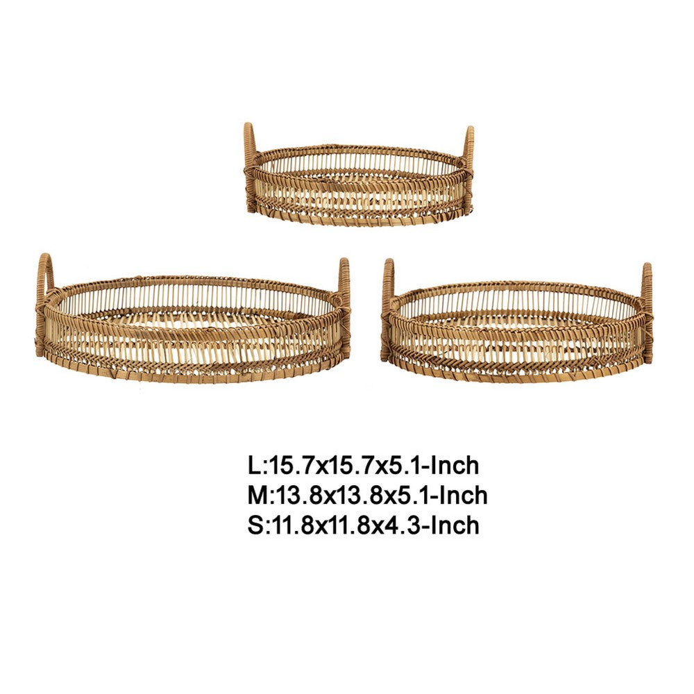 3pc Storage Baskets with Handles | Natural Brown Bamboo Woven Decor
