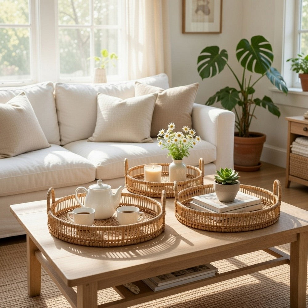 3pc Storage Baskets with Handles | Natural Brown Bamboo Woven Decor
