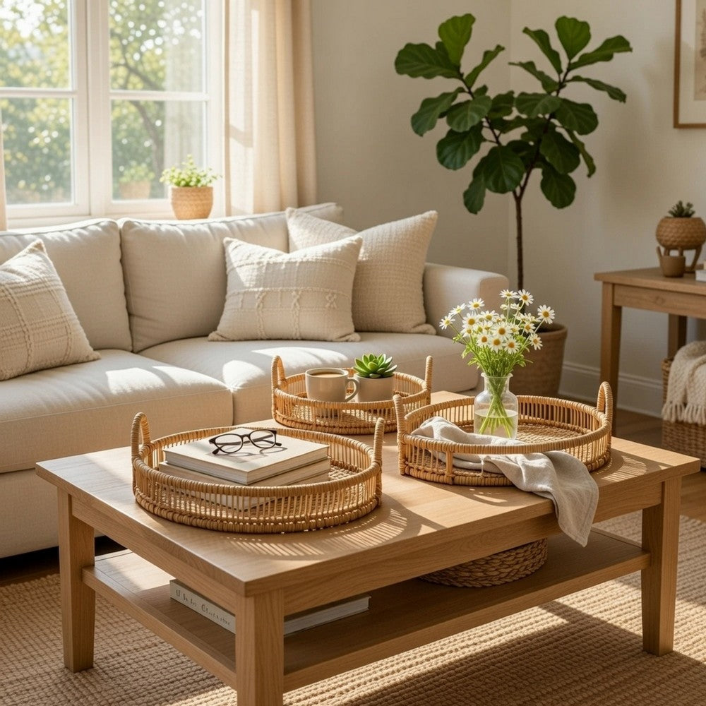 3pc Storage Baskets with Handles | Natural Brown Bamboo Woven Decor