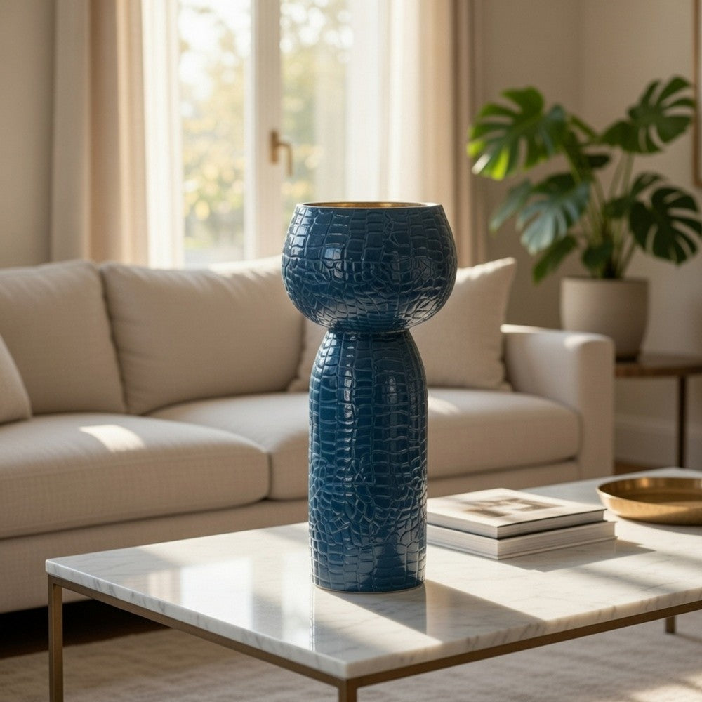 Dany Vase | Crocodile Texture | Watertight Base | 10" Blue Aluminum