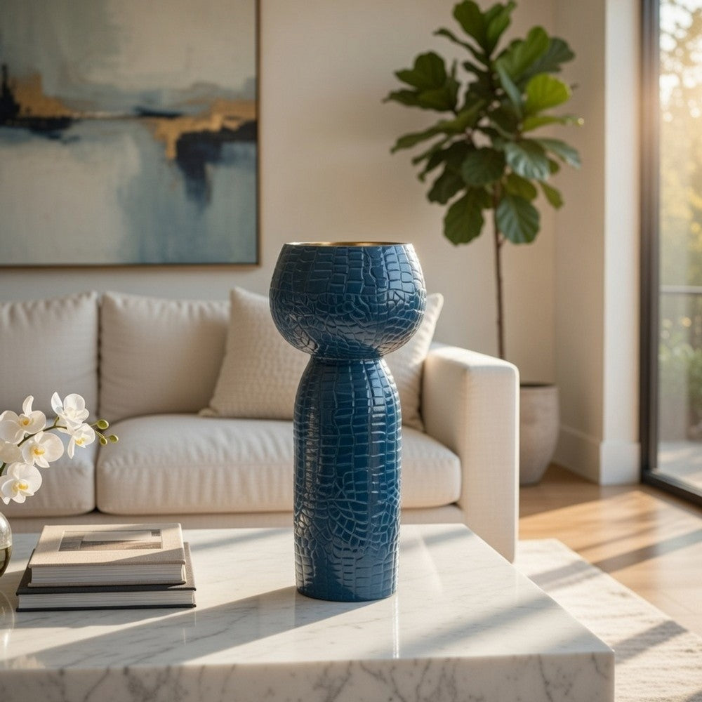 Dany Vase | Crocodile Texture | Watertight Base | 10" Blue Aluminum