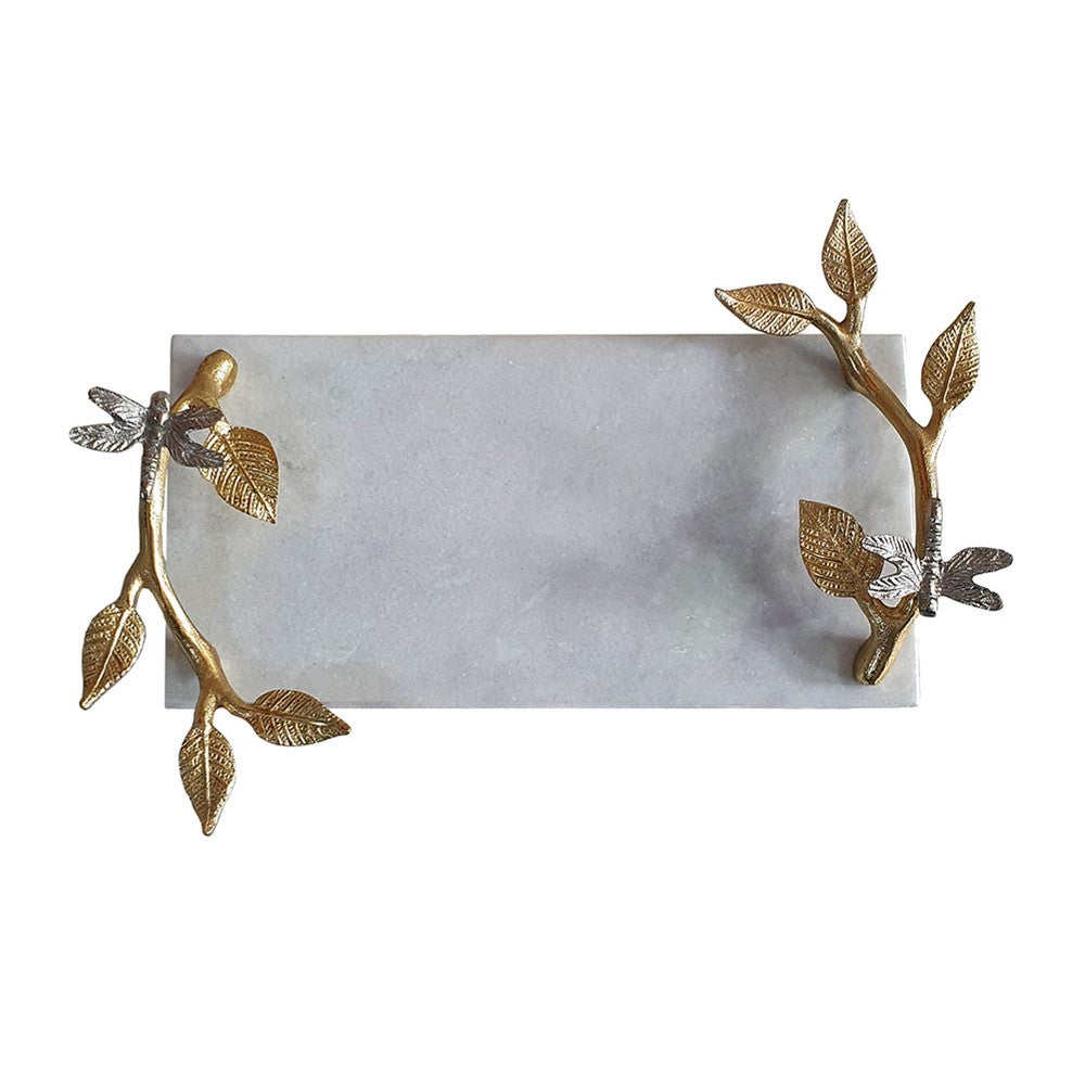 Decorative Tray | Marble Base | Gold Branch Handles w Dragonfly | 15"