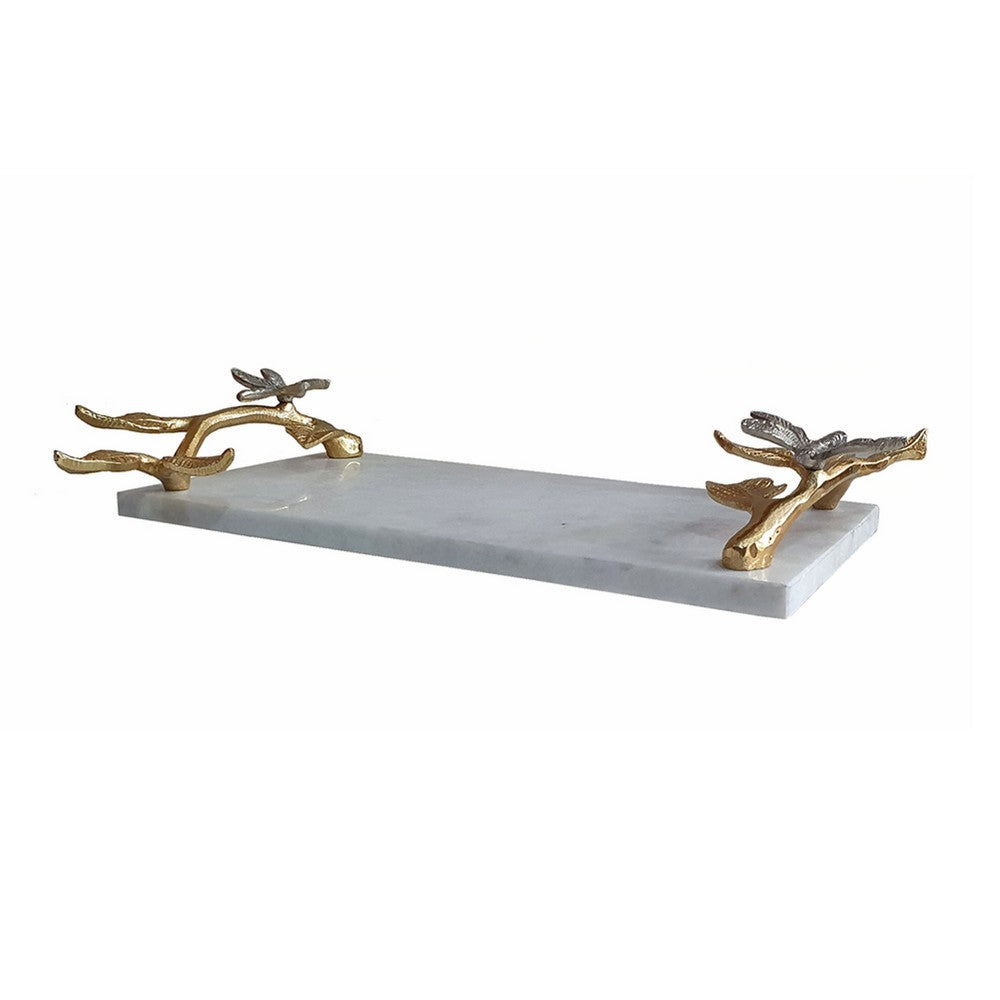 Decorative Tray | Marble Base | Gold Branch Handles w Dragonfly | 15"