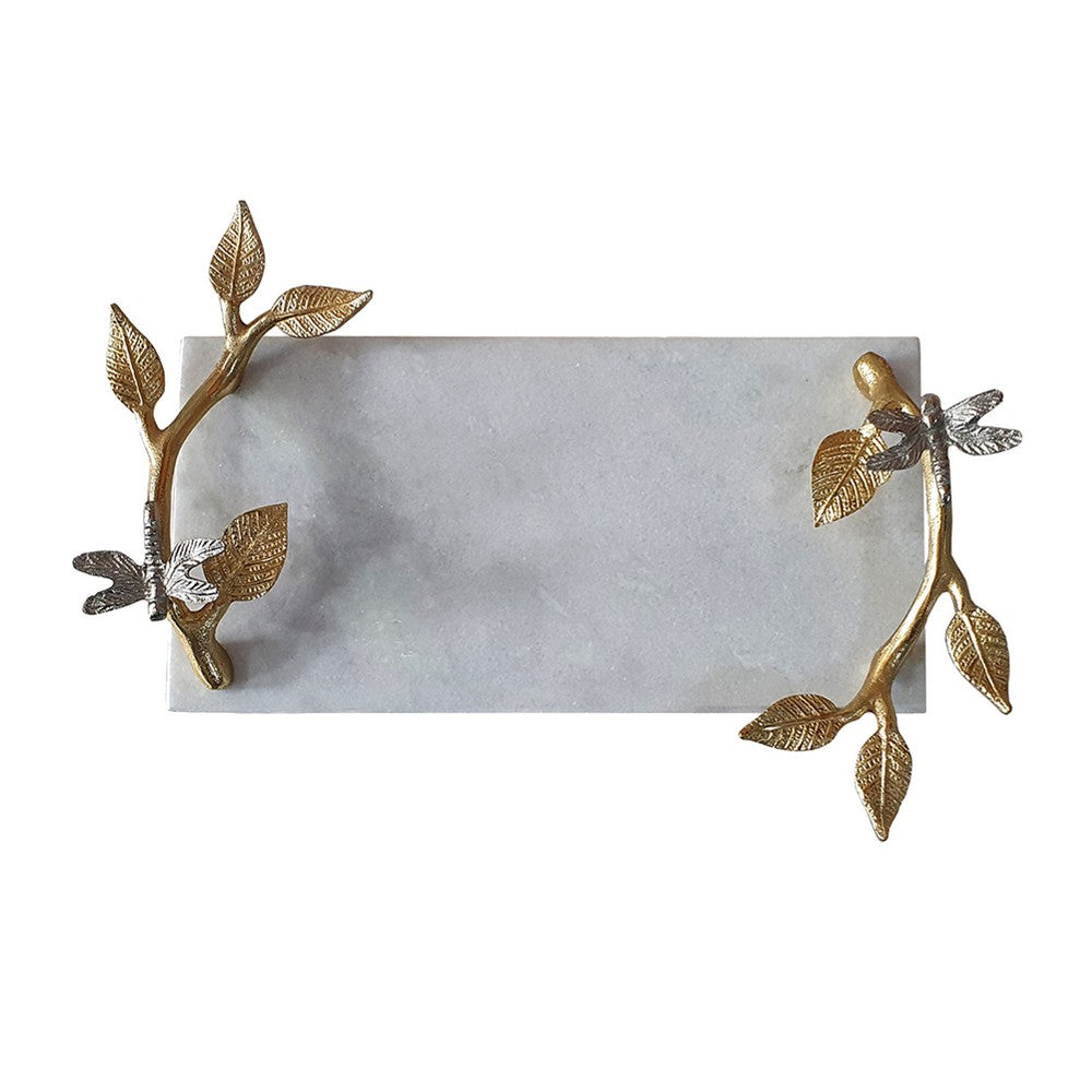 Decorative Tray | Marble Base | Gold Branch Handles w Dragonfly | 15"