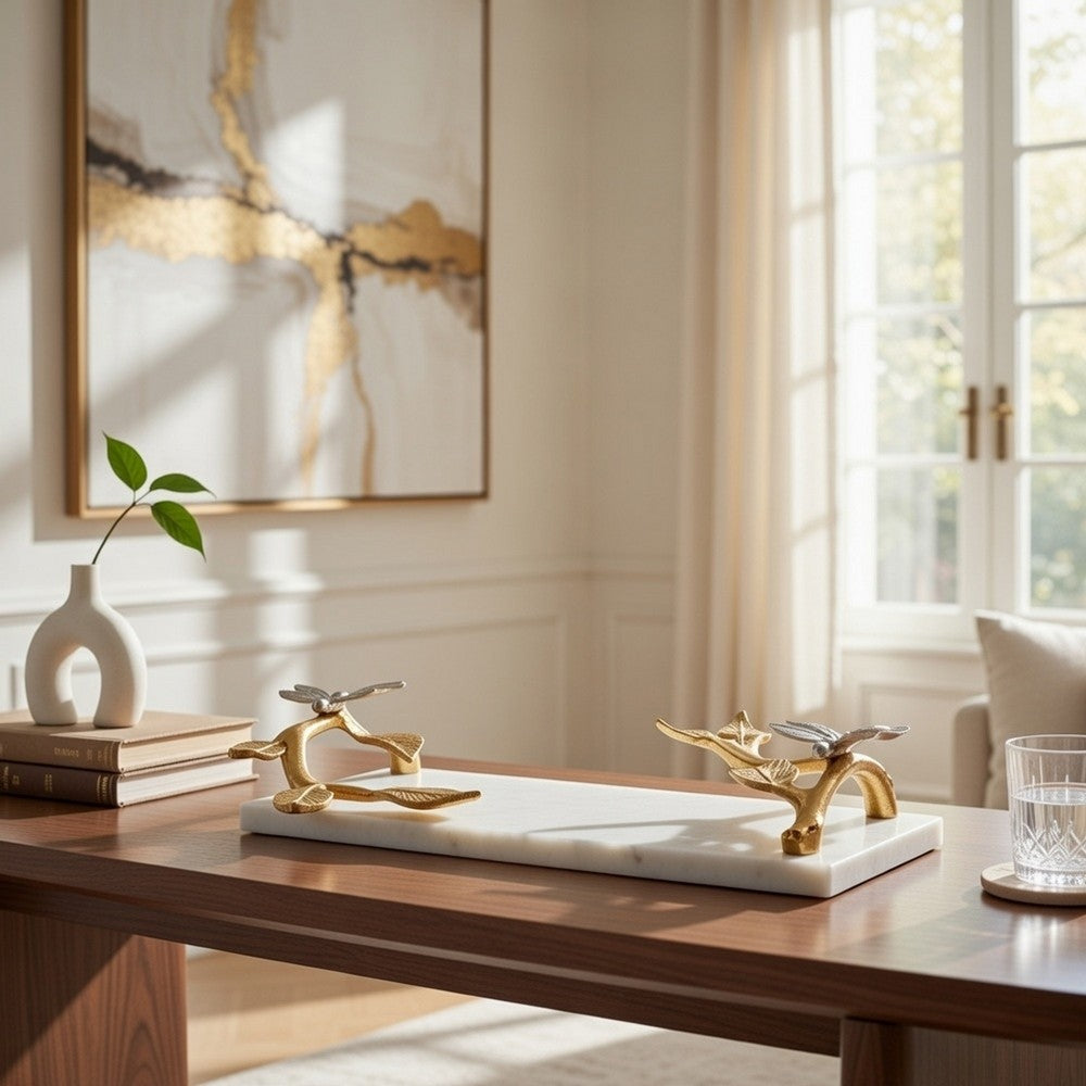 Decorative Tray | Marble Base | Gold Branch Handles w Dragonfly | 15"