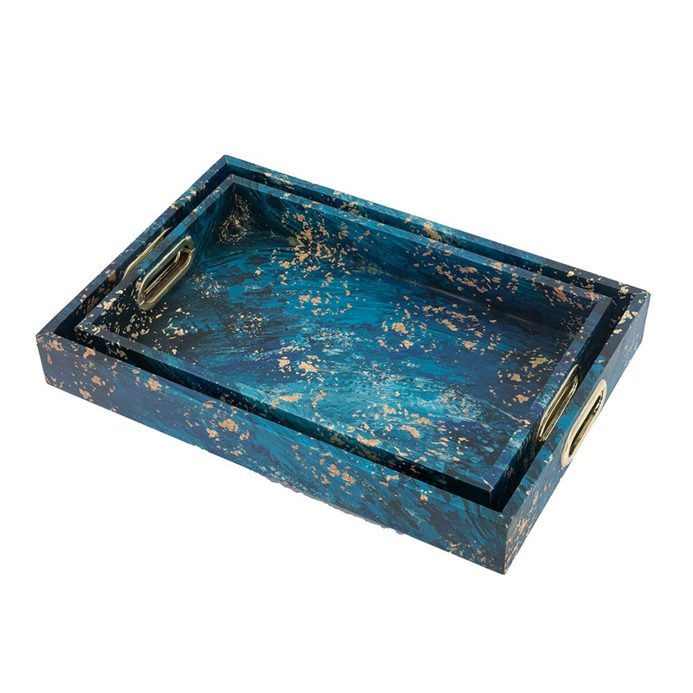 Rectangular Tray Set of 2 | Marble Design | Gold Handle | Teal Blue 16 18"