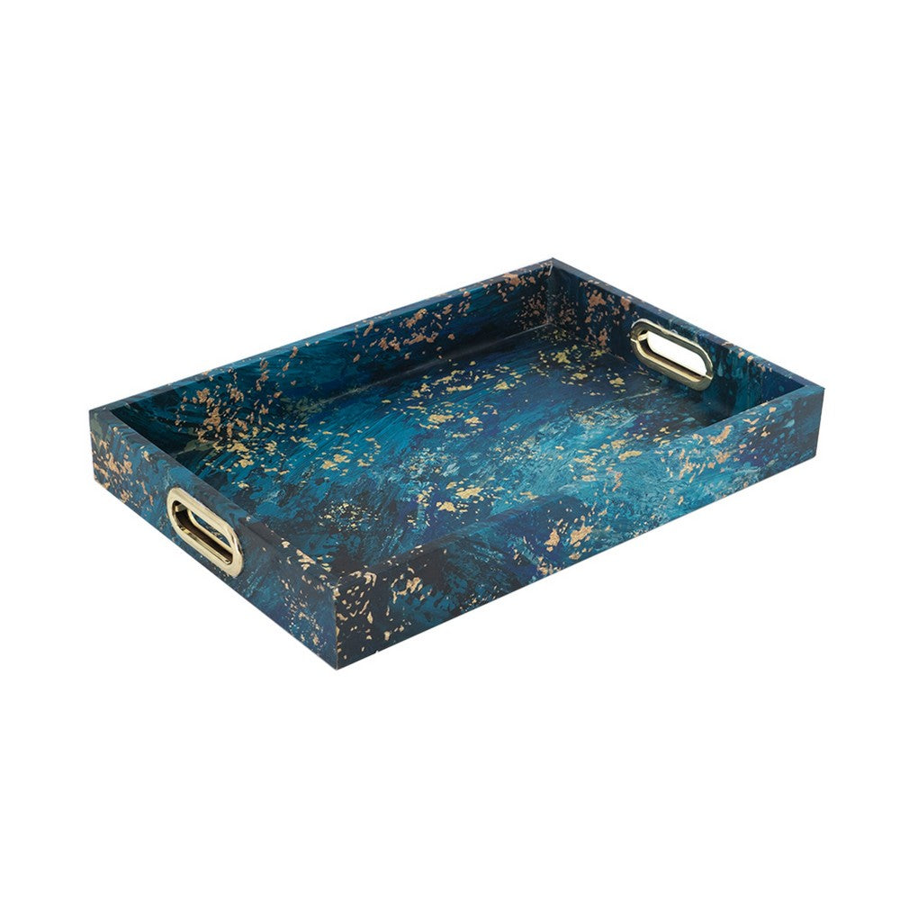 Rectangular Tray Set of 2 | Marble Design | Gold Handle | Teal Blue 16 18"